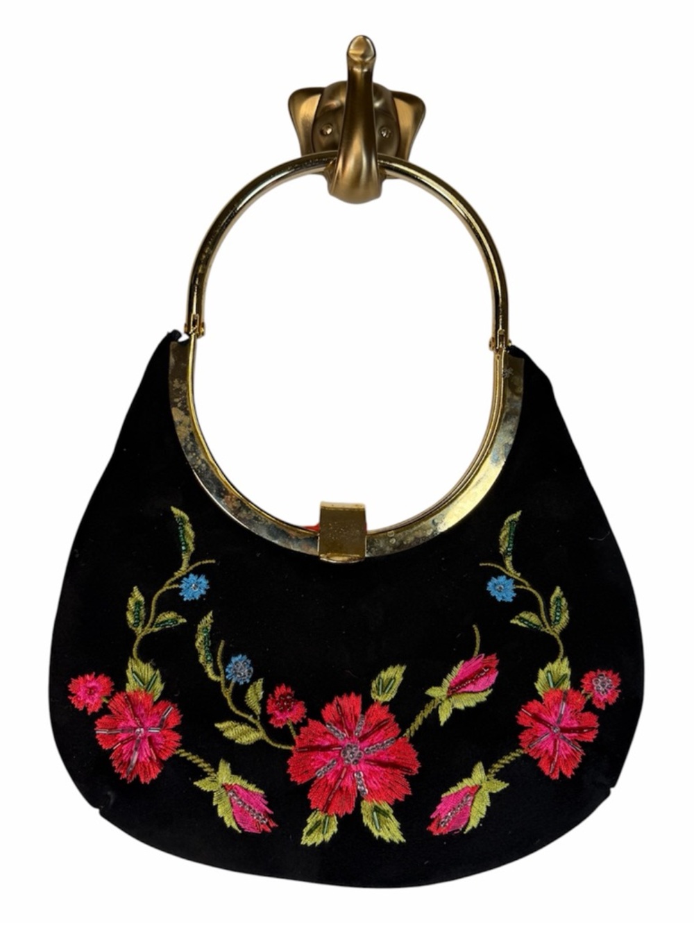 Ramon Tenza Black Velvet Wristlet with Gold Handle and Red Floral Embroidery